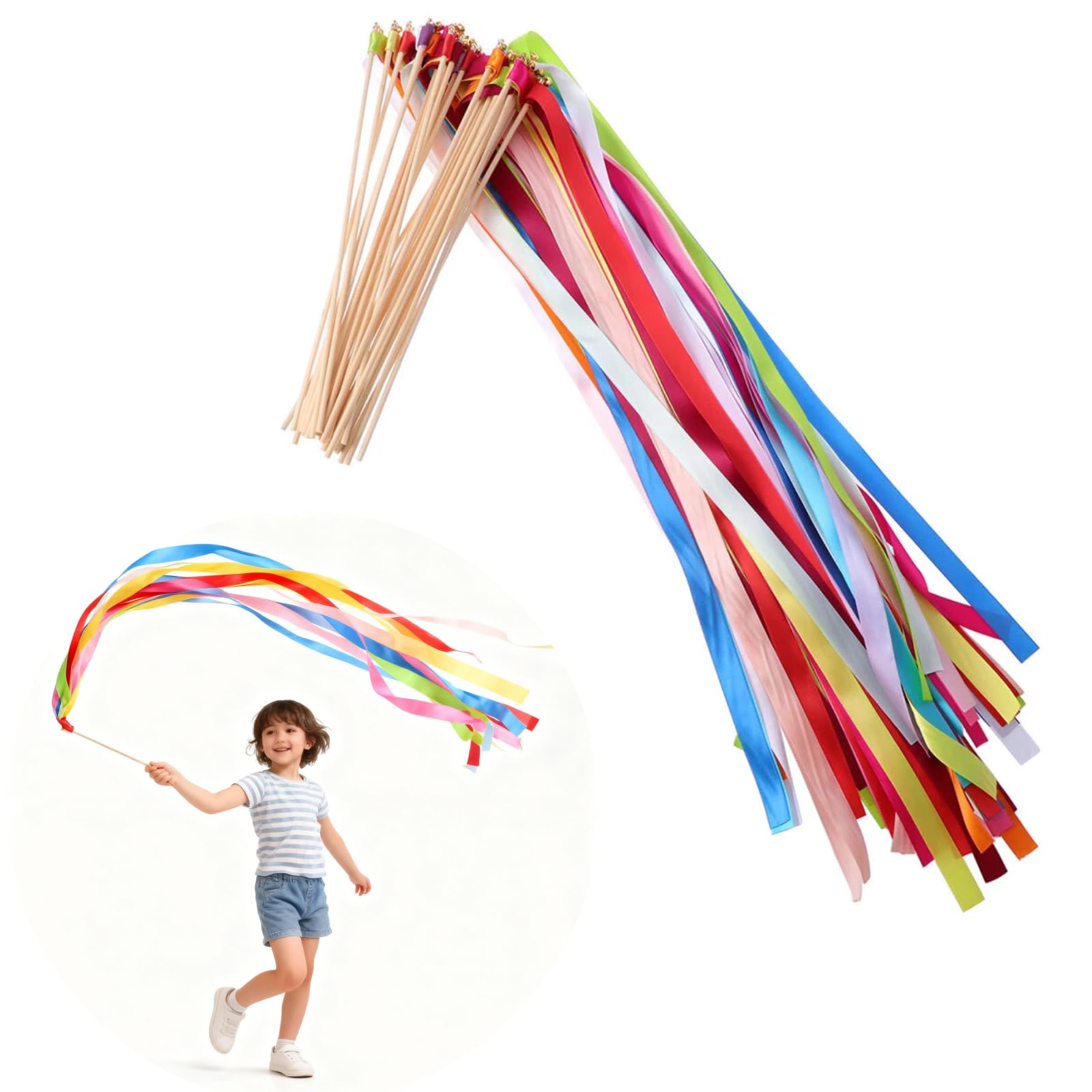20Pcs Mix Color Ribbon Dancer Sticks with Bells Fairy Stick Wedding Streamers