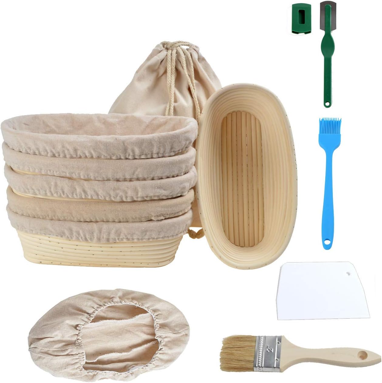 Pack 6X 25cm/10" Oval Bread Proofing Basket Natural Rattan Sourdough Proving Basket Bread Proving Brotform Bannetons for 600g Dough with Free Liner Bread Cutter Lame 2 x Brush Storage Linen Bag