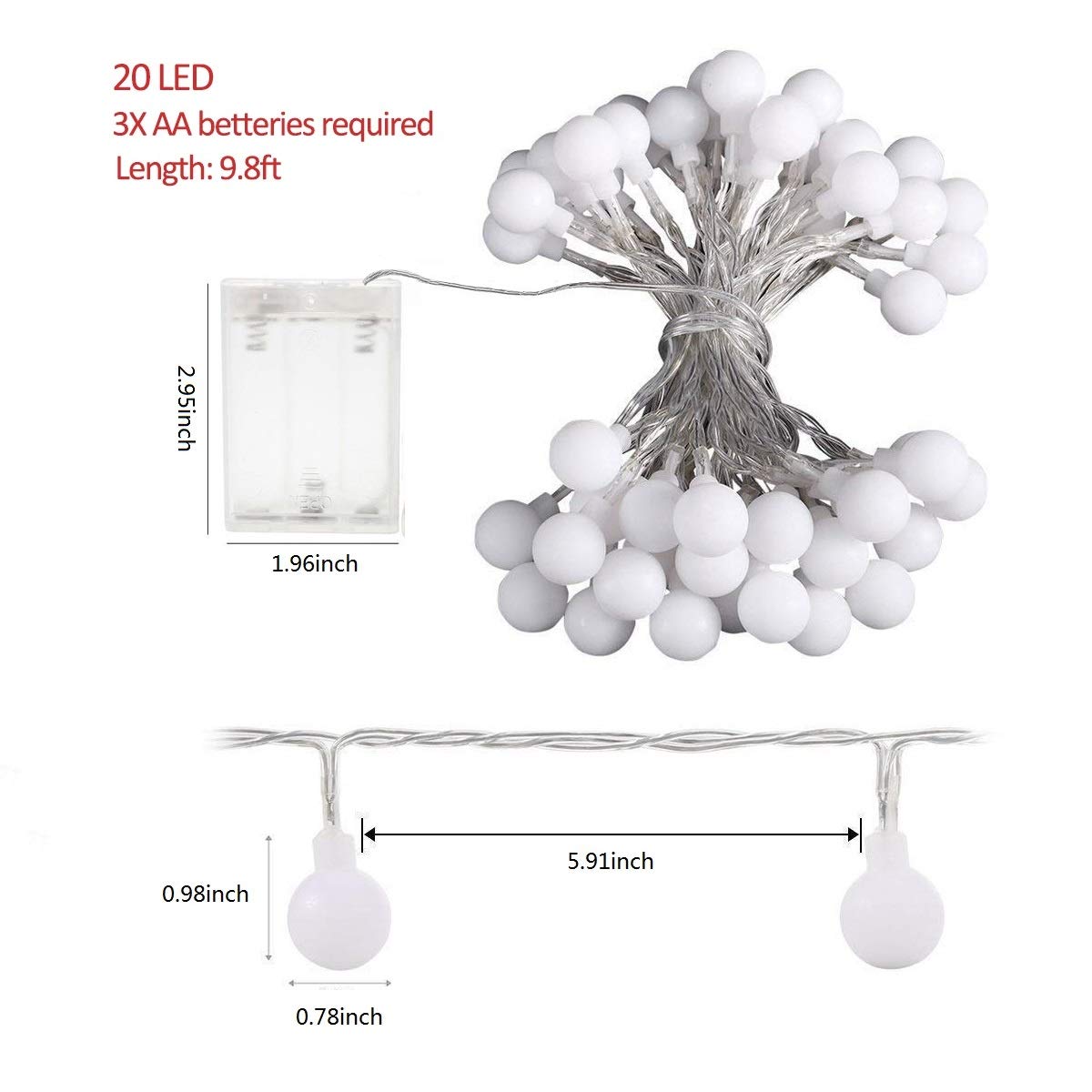 Globe String Lights, Decorative Fairy String Lights Battery Operated, 20 LED, 10ft(3m) Silvery Copper Wire Led Strip Light for Home, Party, Christmas, Wedding, New Year, Garden Decoration, Warm White