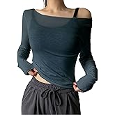 QJQ Women's Sheer Mesh Off The Shoulder Tops Long Sleeve See Through Shirts Going Out Party Club Outfits
