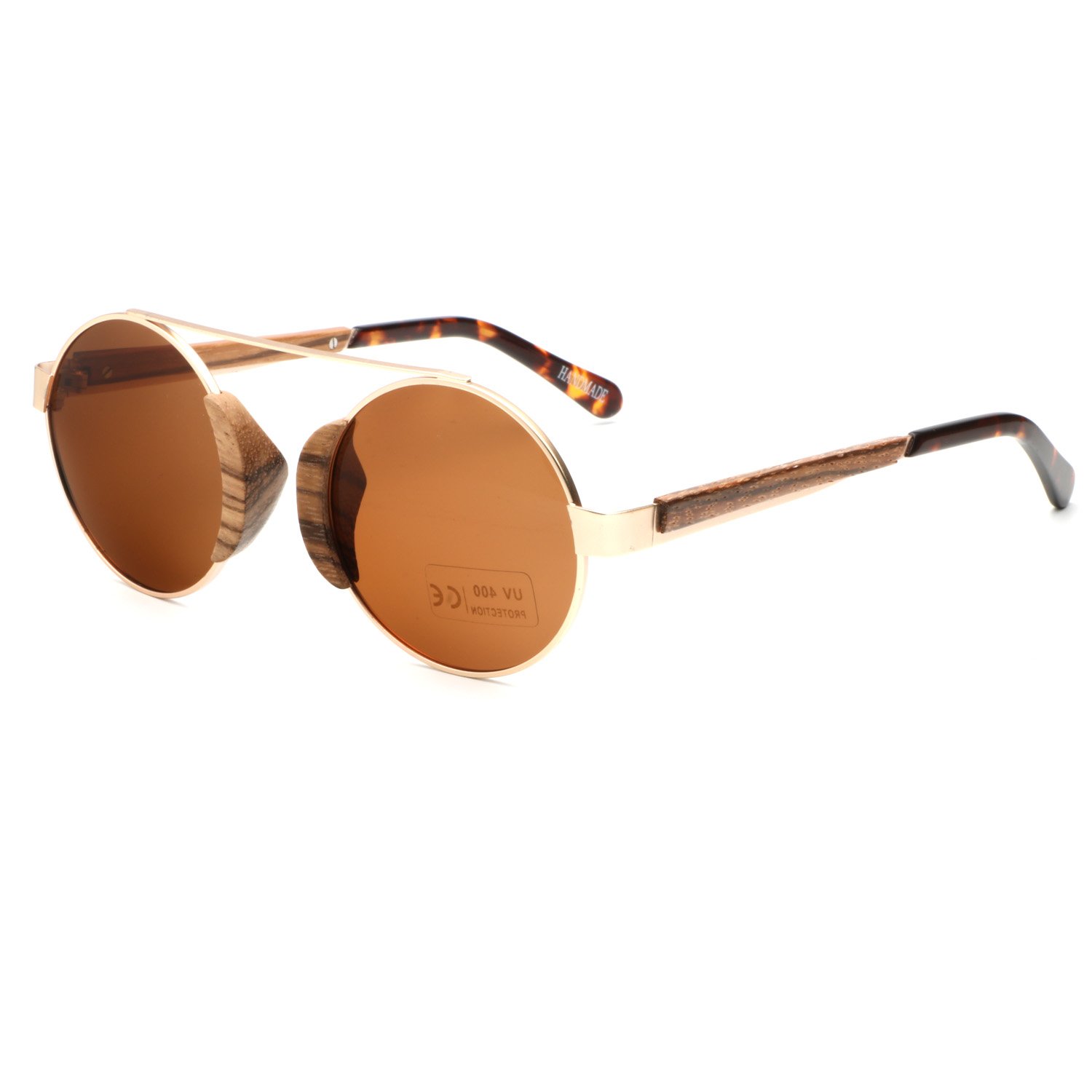 Ablibi Vintage Lennon Style Polarized Circle Sunglasses Men\'s Ozzy Elton Hippie Round Small Retro Design Wood Shades (Zebrawood, Solid Brown)