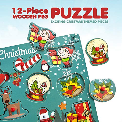 Gleeporte Wooden Peg Puzzle, Holiday Christmas Theme - Learning Educational Pegged Puzzle Boards for Toddler & Kids - Christmas (12 Pieces)