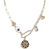 NALISASA Glod Plated Boho Paperclip Chain Charm Necklace for Women Handmade Evil Eye Sun Moon Star Flower Coin Safety Pin Necklace Celestial Jewelry