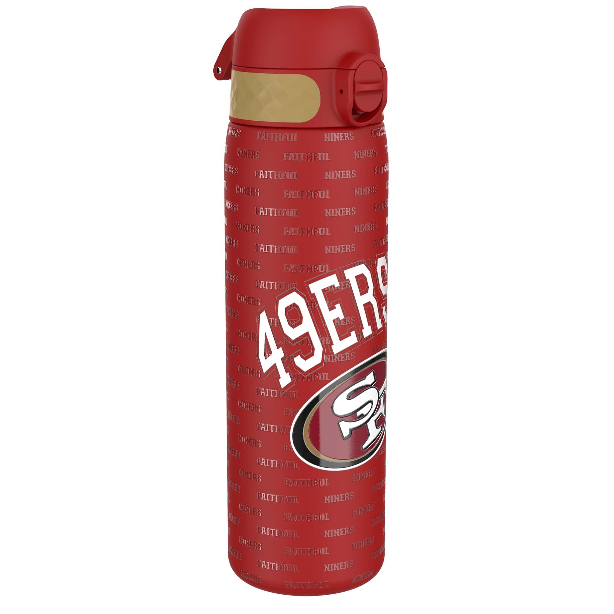 Ion8 NFL San Francisco 49ers Lightweight Steel Water Bottle, 600 ml/20 oz, Non-Insulated, Leak Proof, Easy to Open, Secure Lock, Dishwasher Safe, Flip Cover, Fits Cup Holders, Metal Water Bottle