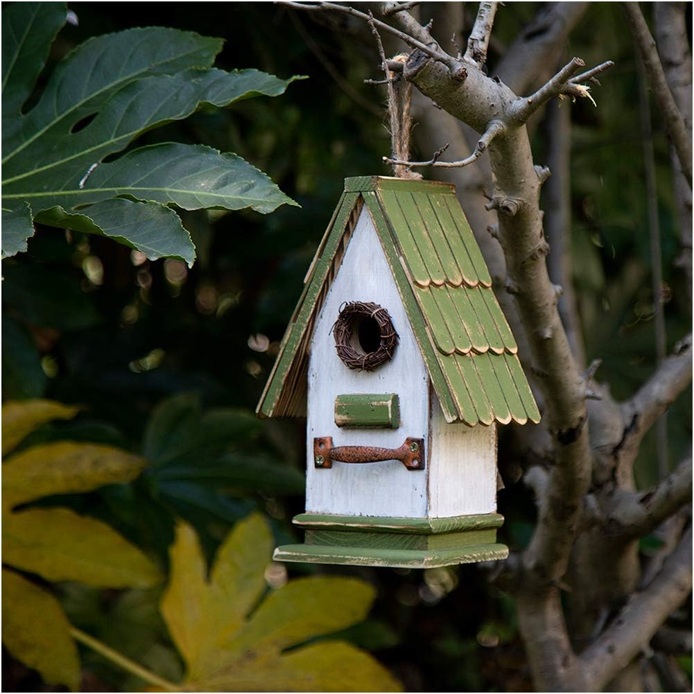 Glitzhome 10.75" H Wood Green Roof Garden Birdhouse Hand Painted Hanging Distressed Bird House : Garden & Outdoor