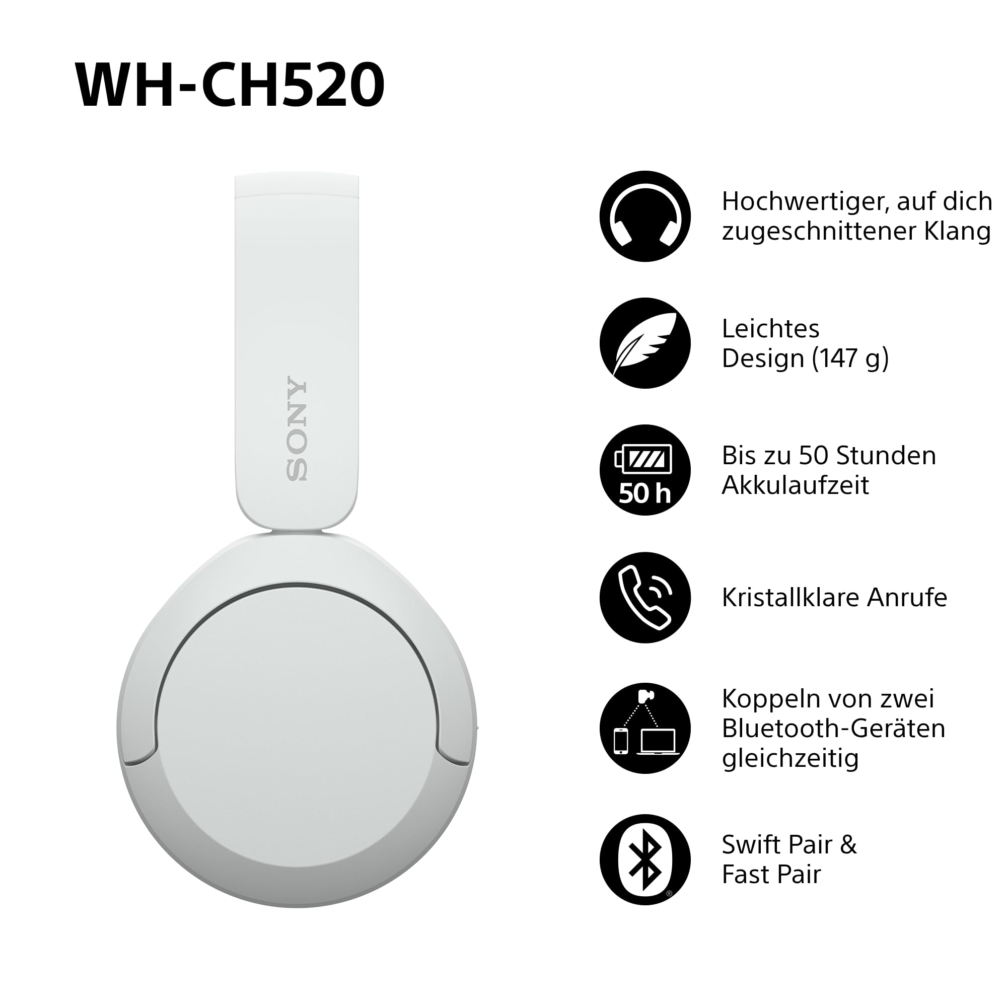 Sony WH-CH520 Kabellose Bluetooth-Kopfhörer - bis zu 50 Stunden Akkulaufzeit mit Schnellladefunktion, On-Ear-Modell - Weiß 2