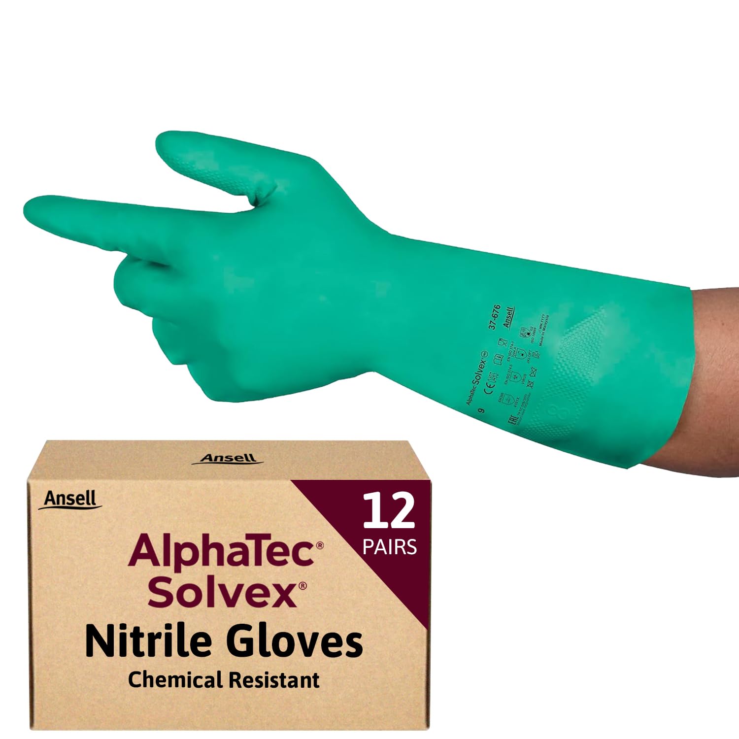 Ansell AlphaTec 37-675 Chemical Resistant Nitrile Gloves - Versatile Waterproof for Food & Cleaning with Superior Grip, Latex Free, Green X-Large, 12 Pairs