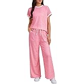 LYANER Women's Short Sleeve Pajamas Set Stripe Round Neck Lounge Sets Sleepwear with Pockets
