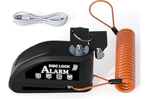 JAGASOL Motorcycle Lock Rechargeable, Alarm Disc Brake Lock with Reminder Cable, 110 dB Alarm Sound, Anti-Theft Waterproof, 2 H Fast-Charging, 9 Months Standby, 7 mm Lock Pin Universal for Bikes