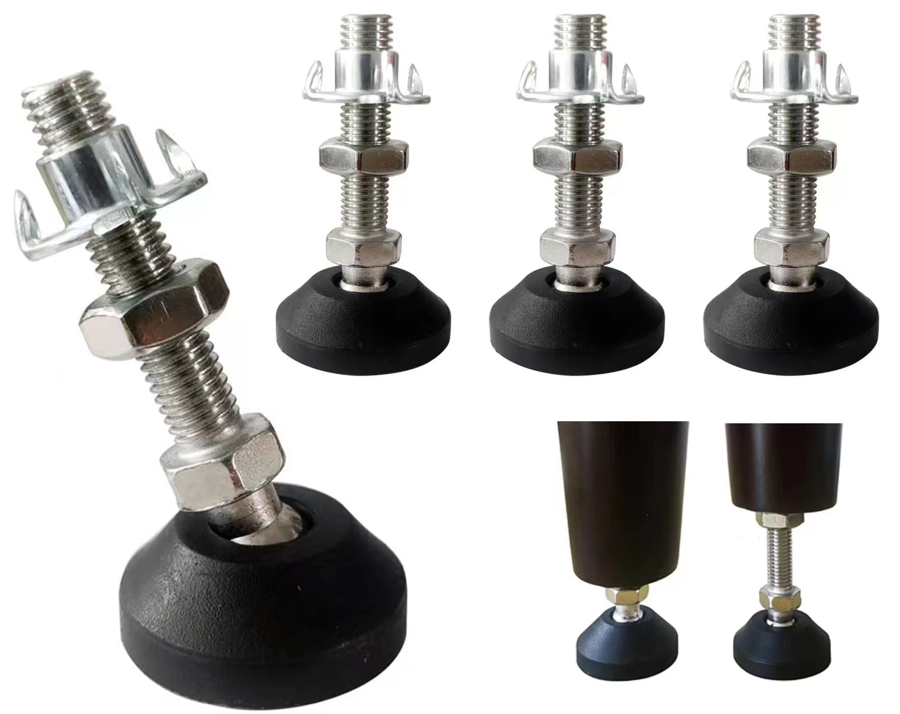 RHUAFET Set of 6 Adjustable Feet M8 x 40 mm, M10 x 30 mm, Silver, Black, Stainless Steel, Round, Furniture Leg, Chairs, Sofas, Tables, Industrial Aluminium Brackets, General Accessories