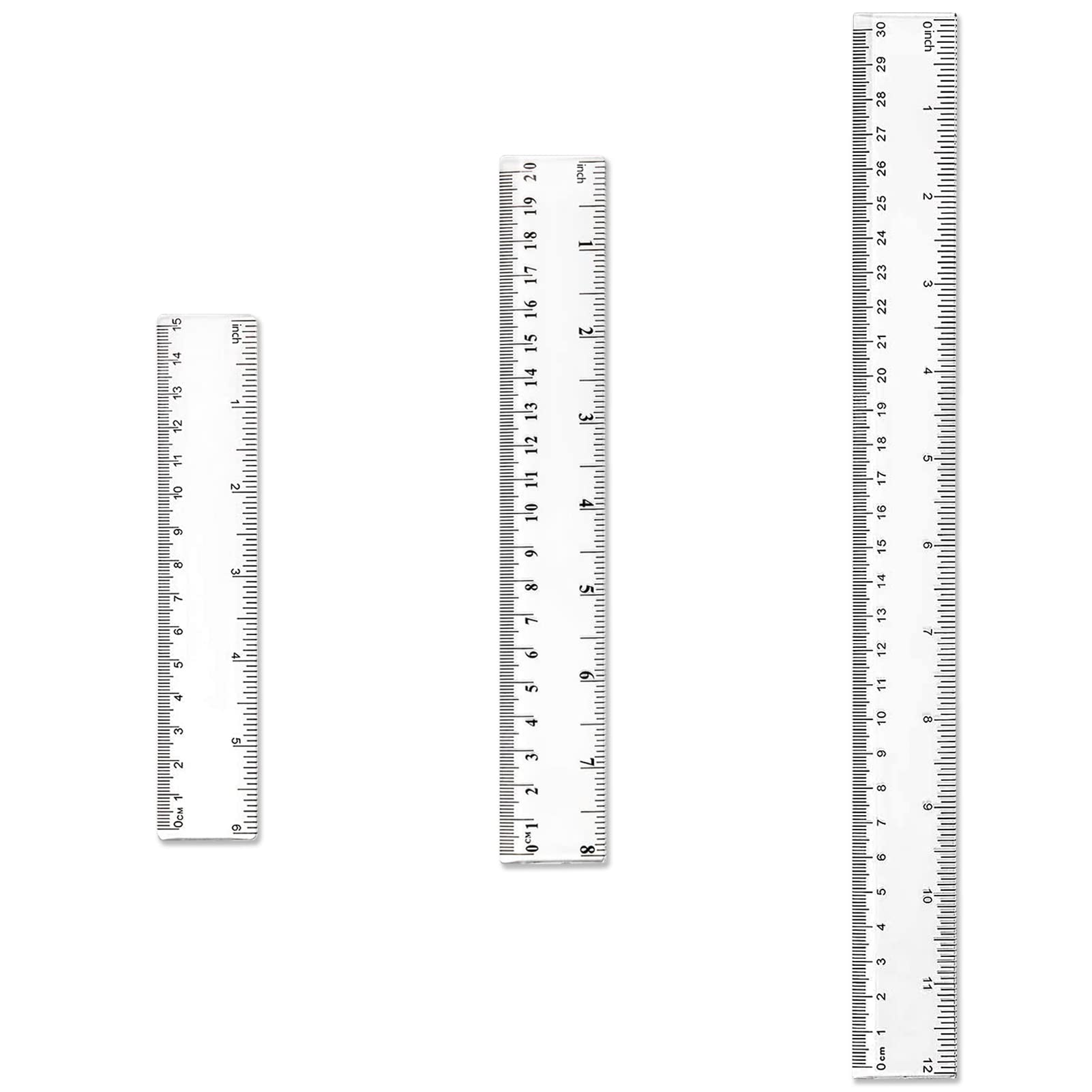 QincLing 3-Piece Plastic Ruler Set, Clear Straight Ruler, 6, 8, 12 Inches (15, 20, 30cm) Measuring Tool for Students & Offices