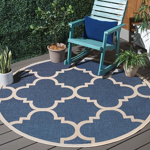 SAFAVIEH Courtyard Collection 7'10" Round Blue/Beige CY6243 Moroccan Trellis In…
