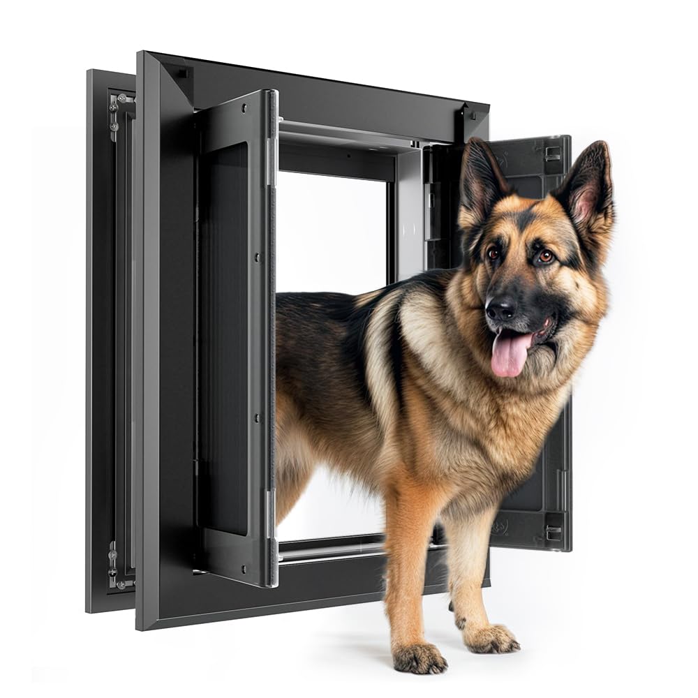 Photo 1 of ?PATAPLUS? Aluminum French Large Dog Door,Strong Double Magnetic Flaps,with Aluminum Telescoping Tunnel Heavy-Duty Do g Door for L arge and Medium Dog Up to 110LBS (Large,Black)