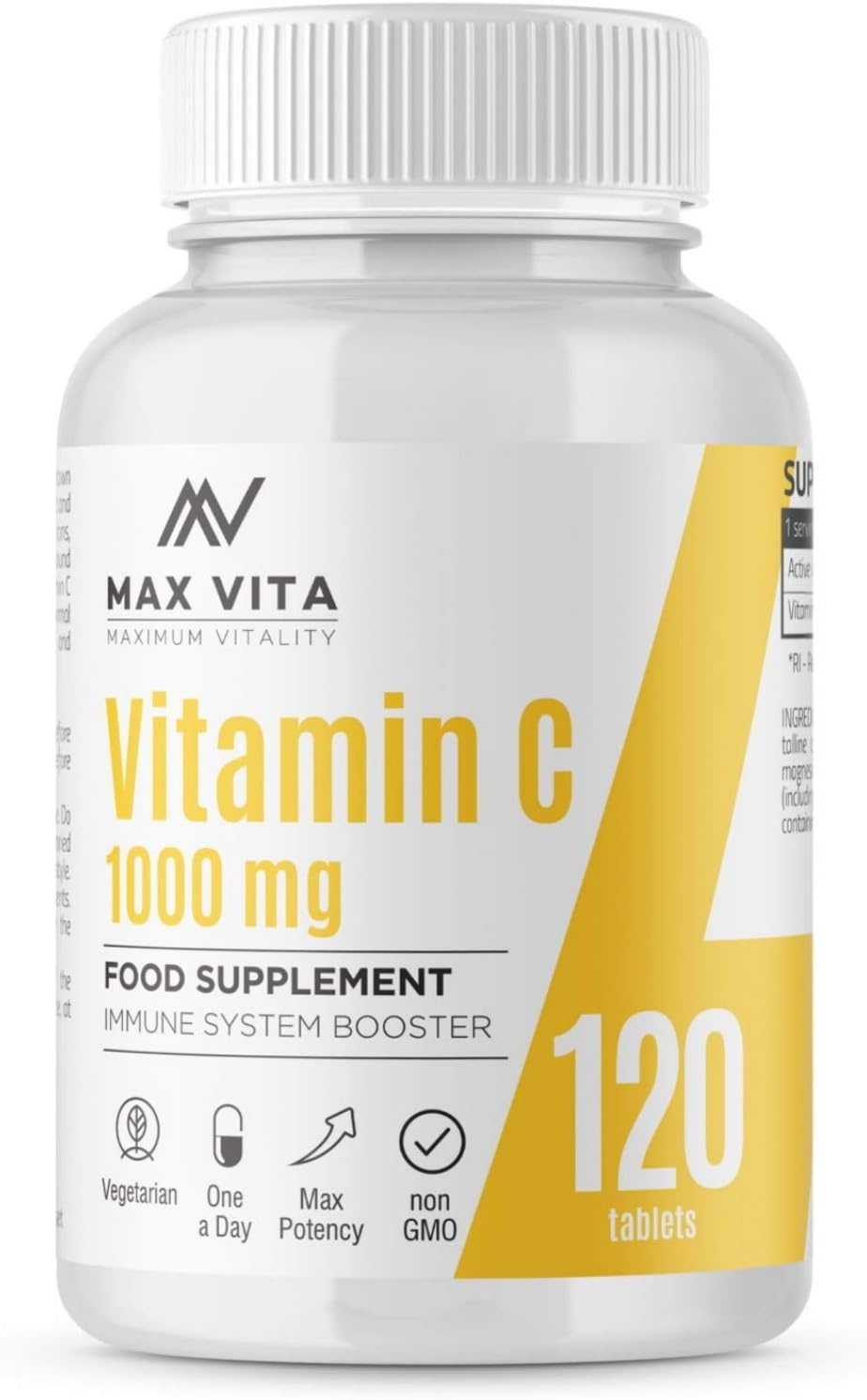 Vitamin C 1000mg Max Potency High Quality Ascorbic Acid Antioxidant Immune System Booster Vegetarian 120 Tablets
