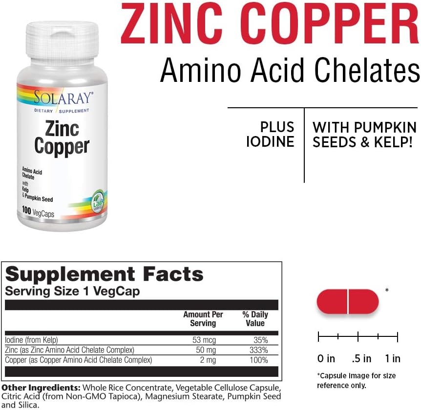 Solaray Zinc Copper Amino Acid Chelates | Healthy Cellular, Heart & Thyroid Function Support w/Pumpkin Seeds & Kelp | Non-GMO & Vegan | 100 VegCaps: Health & Personal Care