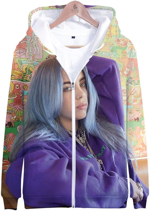 Billie Eilish Hoodie Novela Neutral Sudadera con Manga Larga, Cremallera 3D Suelta con impresión Billie Eilish Hoodie Novela Neutral Sudadera con Manga Larga, Cremallera 3D Suelta con impresión