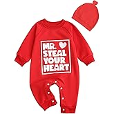 Coyciu Newborn Baby Boy Valentines Outfits Steal Heart Print Jumpsuit Romper Hearts Hat Infant Boys Valentine Clothes