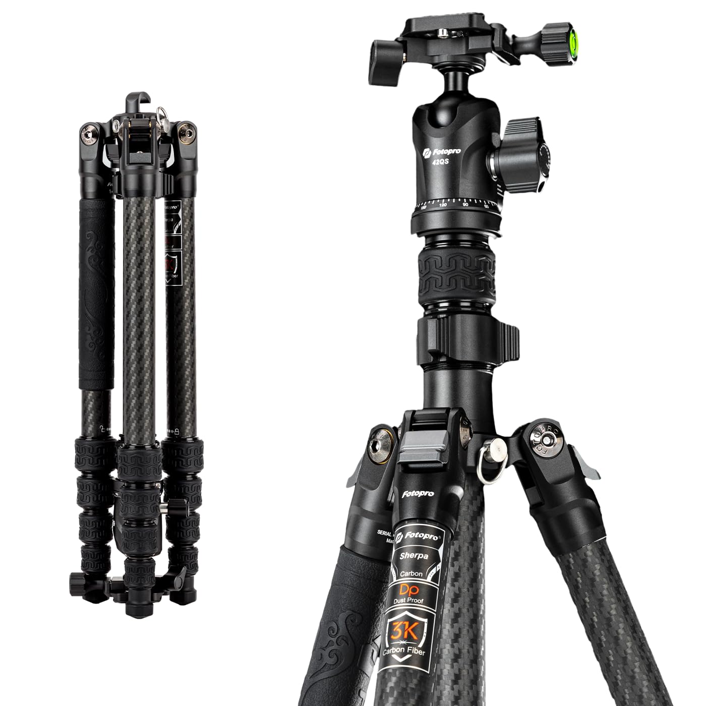 Fotopro 64'' Carbon Fiber Tripod, Compact Travel Tripod for DSLR Camera, with Ballhead Quick Release Plate Carry Bag, with Detachable Monopod, Max Load 10kg. Sherpa Series (black, 60 inch)