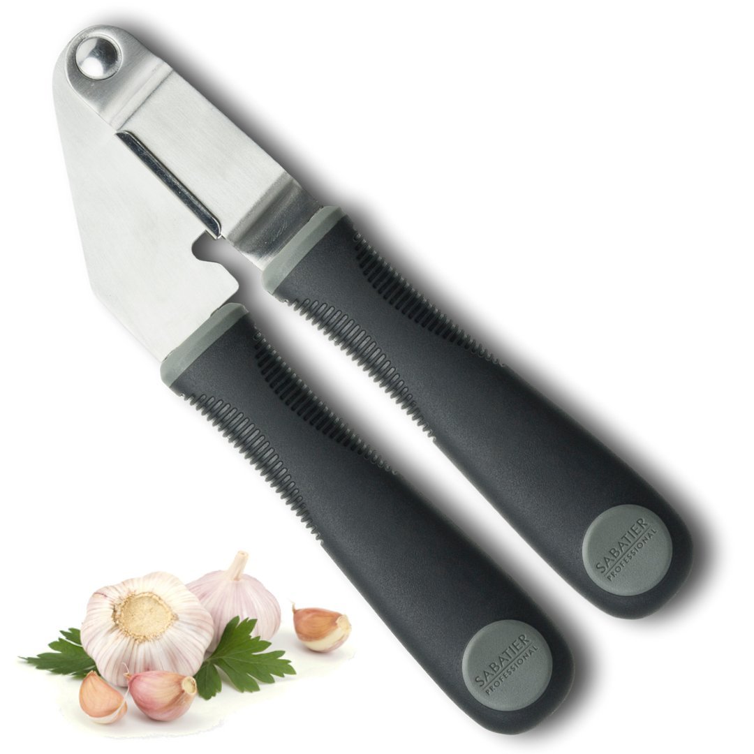 Sabatier Garlic Press Mincer Crusher - Professional Premium Stainless Steel Ginger Chopper Squeezer Kitchen Utensil Tool with Ergonomic Comfortable Soft Handles