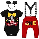 IMEKIS Toddler Boys Mouse 2nd Birthday Outfit Bowtie Romper Long Pants Headband Fall Winter Cake Smash Clothes