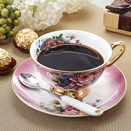 Panbado 3 Piece Bone China 6.8 oz Coffee Saucer Spoon Vintage Porcelain Tea Cup Set, Service for 1-Red Flower