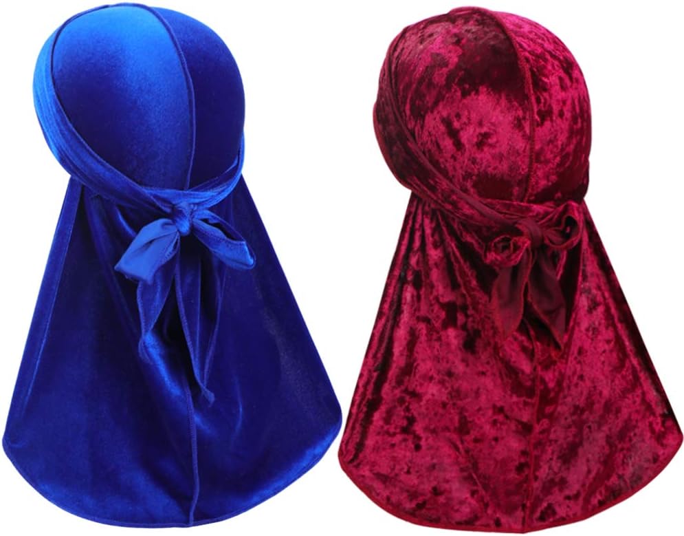 2 Pcs Wave Durags (Velvet Durag and Crushed Velvet Durag) – Premium Soft Headwraps with Extra Long Tail Perfect for 360 Waves