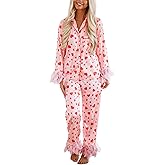MBZJSDKHLK Women Valentine's Day Pajama Set Satin Long Sleeve Lapel Button Up Shirt Tops Heart Print Pants 2Pc Sets Sleepwear