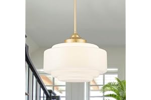 Milk Glass Pendant Light, 14” Mid Century Modern Pendant Lighting Fixture with Gold Metal, Vintage Schoolhouse Chandelier for