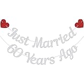 KEWUFD Just Married 60 Years Ago Banner Happy 60th Wedding Anniversary Party Decoration Supplies Silver Glitter
