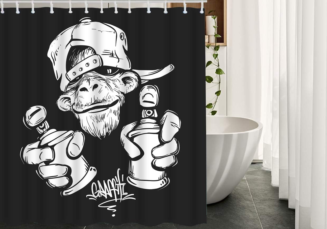 Amazon Com Hgod Designs Monkey Shower Curtain Monkey In Cap Holding A Graffiti Spray Paint Shower Curtains 66 X 72 Home Fashions Bathroom Bath Decor Home Kitchen