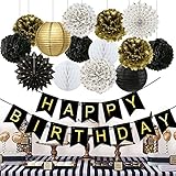 Wcaro Birthday Decorations Black Happy Birthday Banner Paper Flowers Tissue Paper Pom Poms Paper Lanterns Paper Fans for Birthday Party