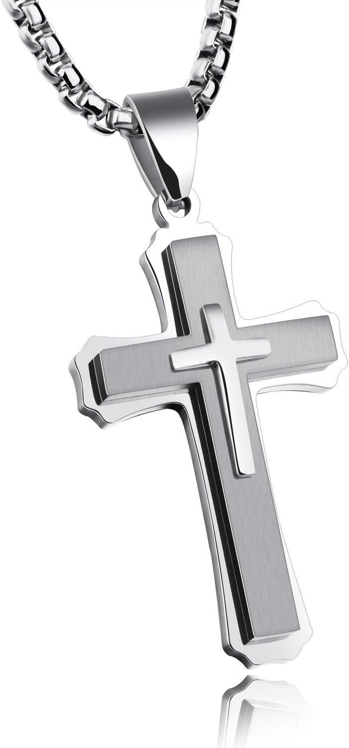 INSEAUnique Stainless Steel Christ Cross Crucifix Metal Pendant Necklace For Men 21.6 Inches Religious Gift (Silvery)