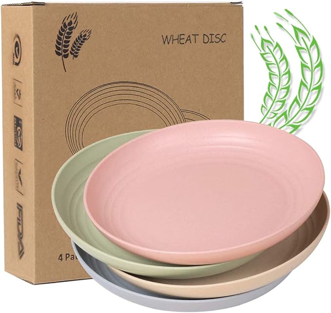 9 Inch Wheat Straw Plates Set of 4, Lightweight Wheat