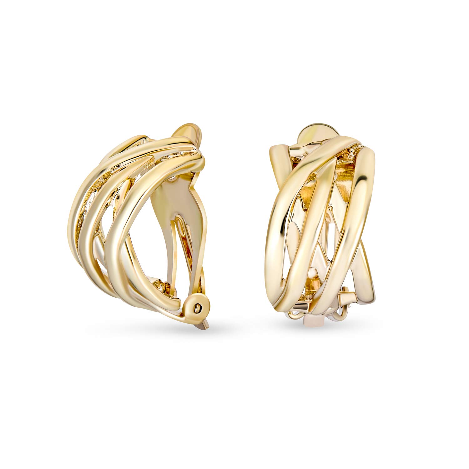 Classic Open Criss Cross Twist Wire Celtic Knot Weave Wide Half Hoop Clip On Earrings for Women Non Pierced Ears Gold Plated Brass — image 1