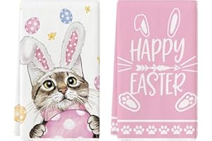 Artoid Mode Pink Rabbit Ears Cat Eggs Happy Easter Kitchen Towels Dish Towels, 18x26 Inch Spring Summer Holiday Decoration Hand Towels Set of 2