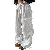 BEAUDRM Women's Plus Size Cargo Pants Drawstring Waist Wide Leg Loose Parachute Trousers with Pockets