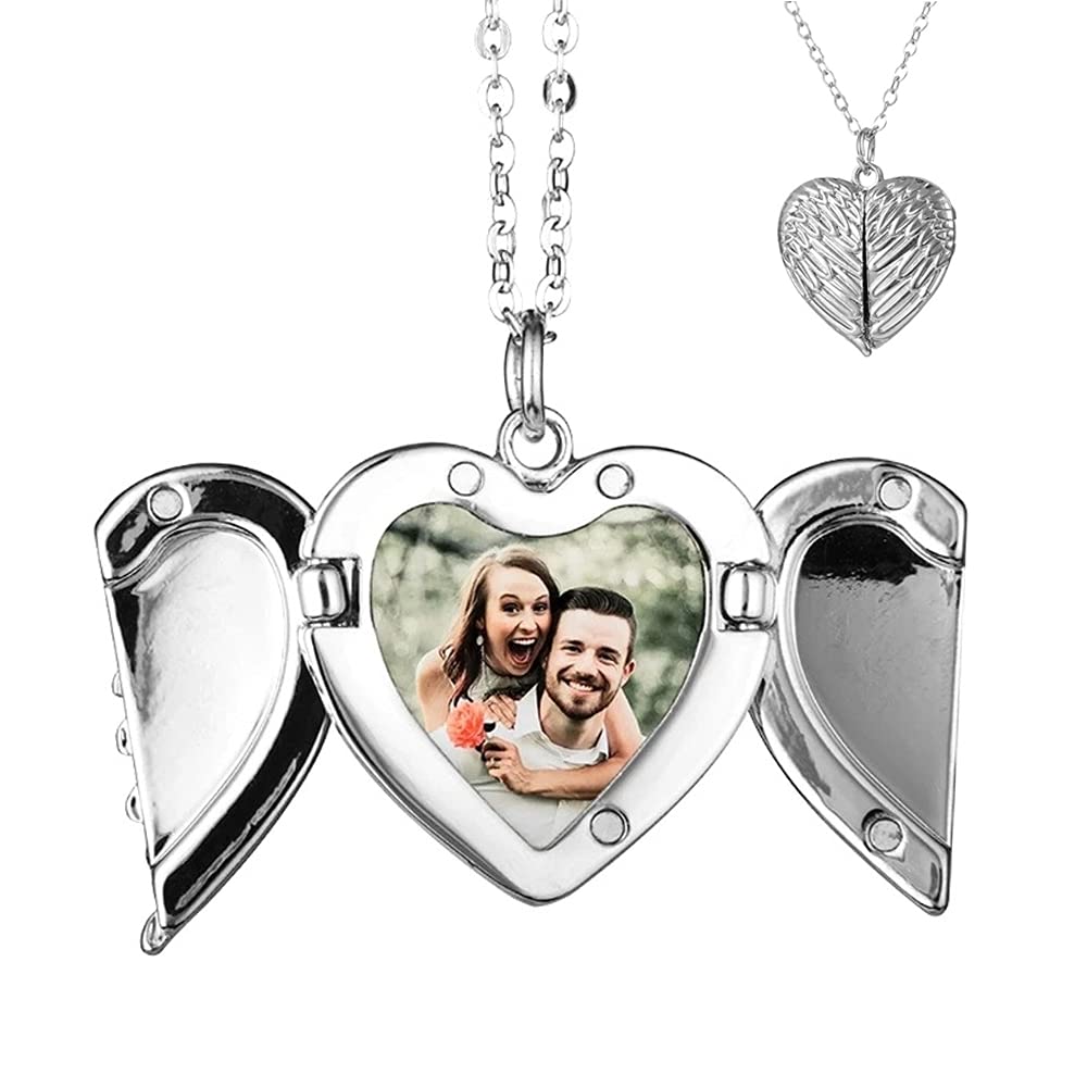 TOFBS Personalized Photo Image Memory Pendant - Heart Angel Wings Necklace - Customised Gifts for Women, Girls, Mom, Girlfriend, Wife (Silver)