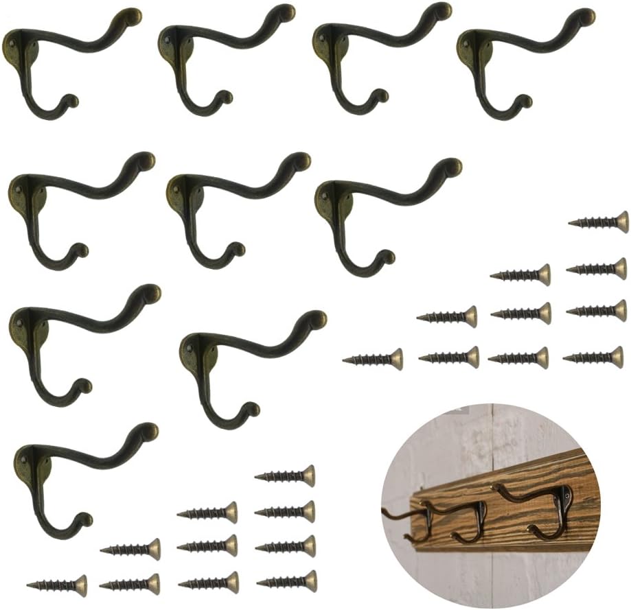 10 Pcs Vintage Bronze Single Coat Hooks Wall Mounted Single Hat Towel Clothes Hooks Hangers for Bath Kitchen Garage Heavy Duty with 20 Pcs Screws