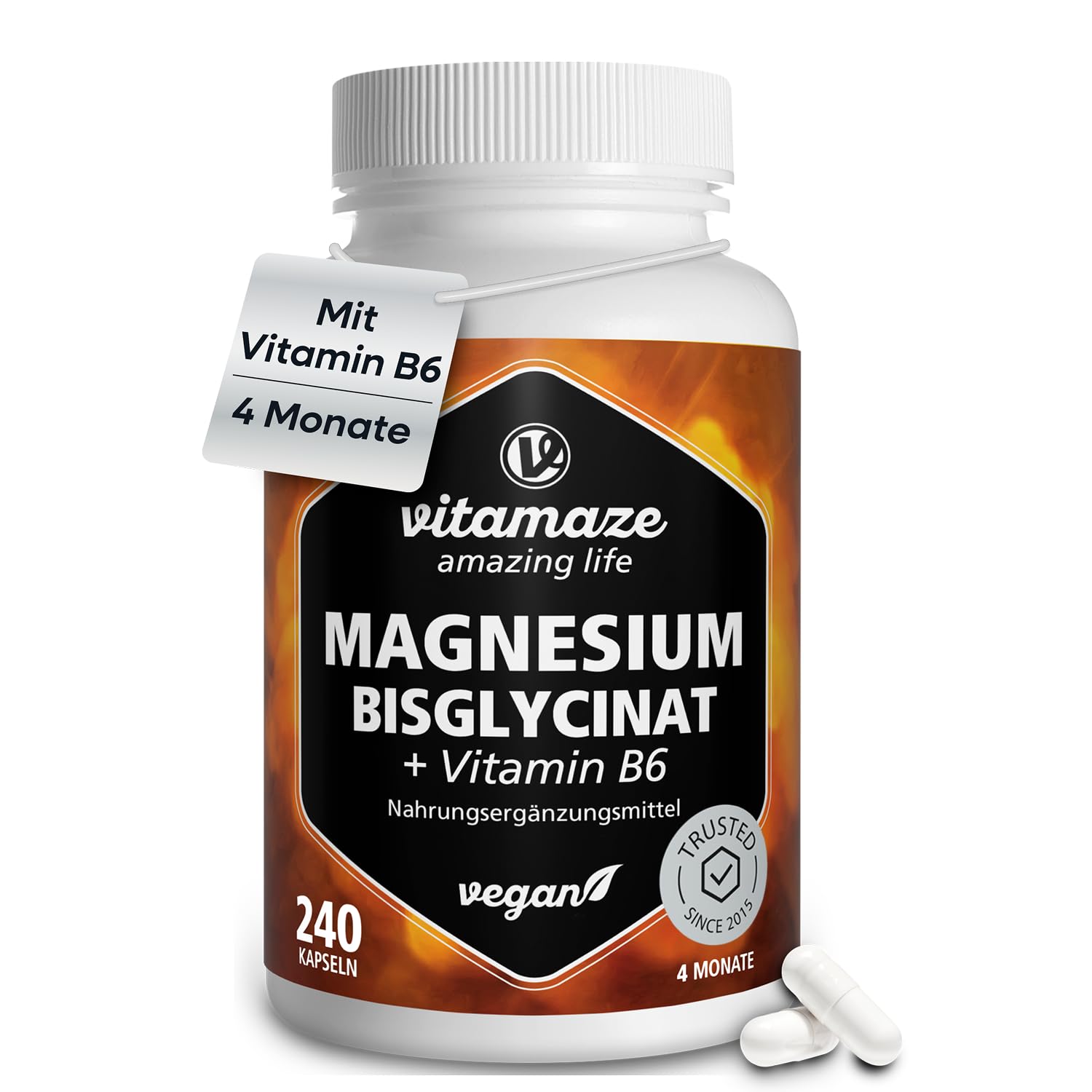 Vitamaze Magnesium Bisglycinate mit Vitamin B6, 240 Kapseln für 4 Monate, 150 mg Magnesium pro Kapsel, Nur 2 Kapseln pro Tag, Vegan, Made in Germany