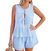 Xfileen Women Summer 2 Piece Sets Fashion Pleated Tie Front Tops and Shorts set Cozy Cotton Pajamas Set
