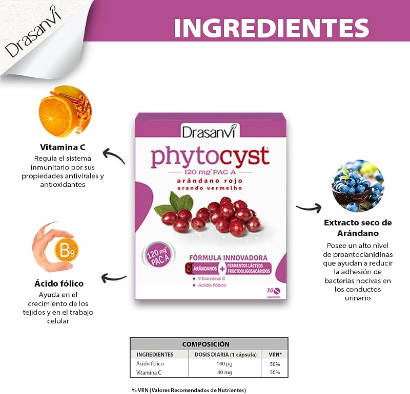 Drasanvi PHYTOCYST con Arándano Rojo Americano 120 mg PAC-A | para el Sistema Inmunitario y Urinario| con Arándano Rojo y Vitamina C | 30 Comprimidos — foto 5 de 6
