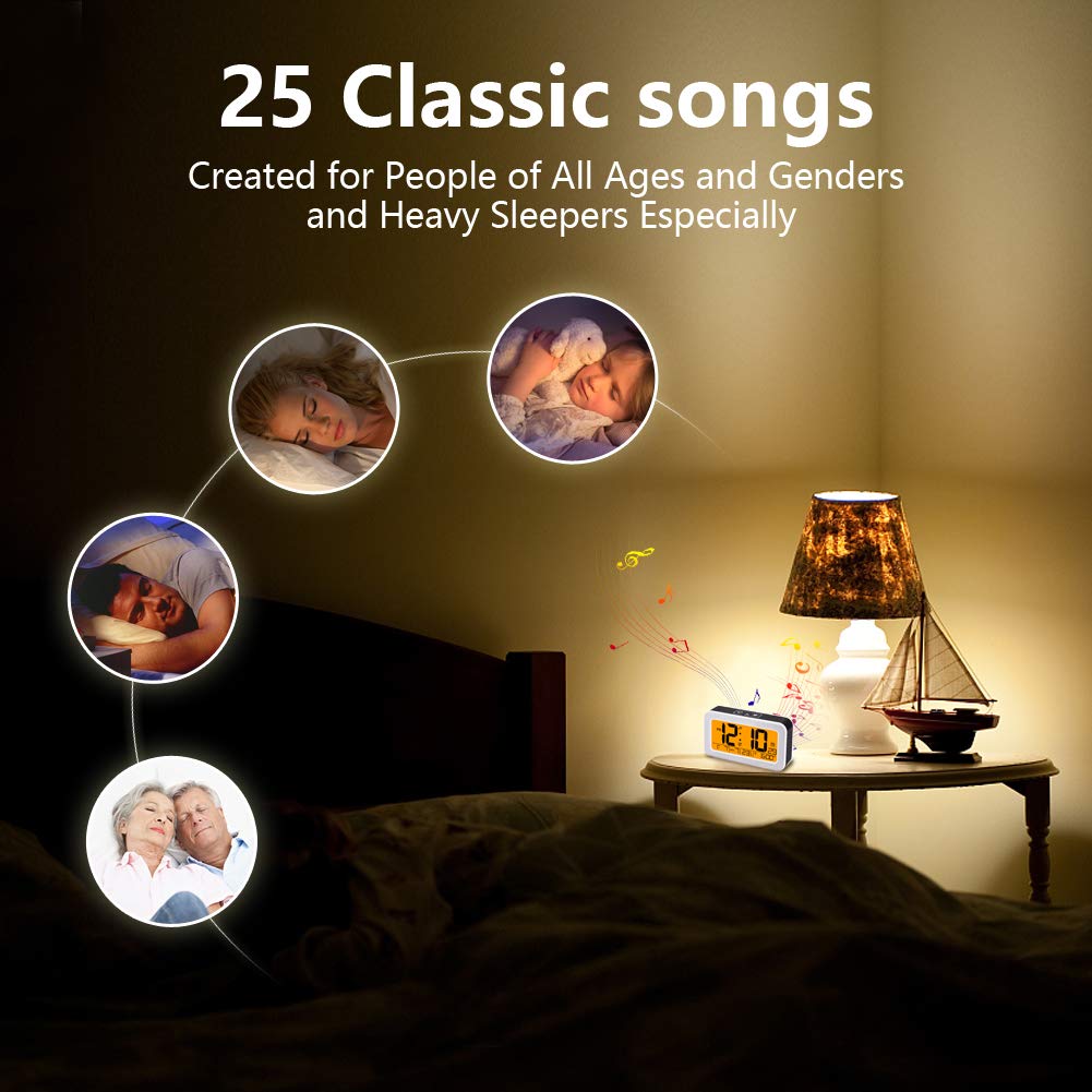 LCD Music Alarm Clock, Digital Clock for Bedroom with Dimmer, Snooze,Rechargeable Clock with Dual Alarm, Smart Touch Backlight,Adjustable Alarm Volume