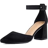 mysoft Women's Pointed Toe Low Chunky Heels Closed Toe Ankle Strap Dress Pump Shoes - Available in Wide Sizes