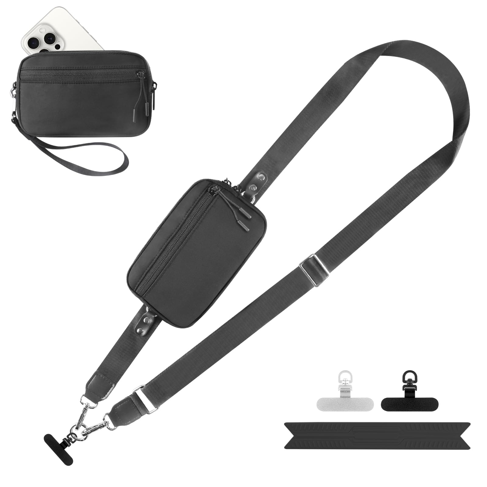 YFWE Clip and Go Strap for Phone with Wallet Crossbody, Adjustable Phone Lanyard with Detachable RFID Wristlet Wallet, Black (L)