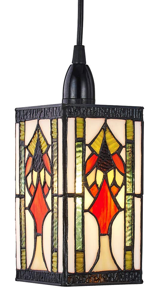 Happy Homewares Art Deco Themed Tiffany Easy Fit Pendant Shade with Green, Amber and Red Stained Glass Rectangular Shape by Happy Homewares