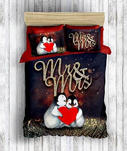 3D Mr And Mrs Penguin %100 Cotton Full Queen Double Size 3D Perfect Printed Duvet Quilt Cover Set Bedding Linens 3 Pcs