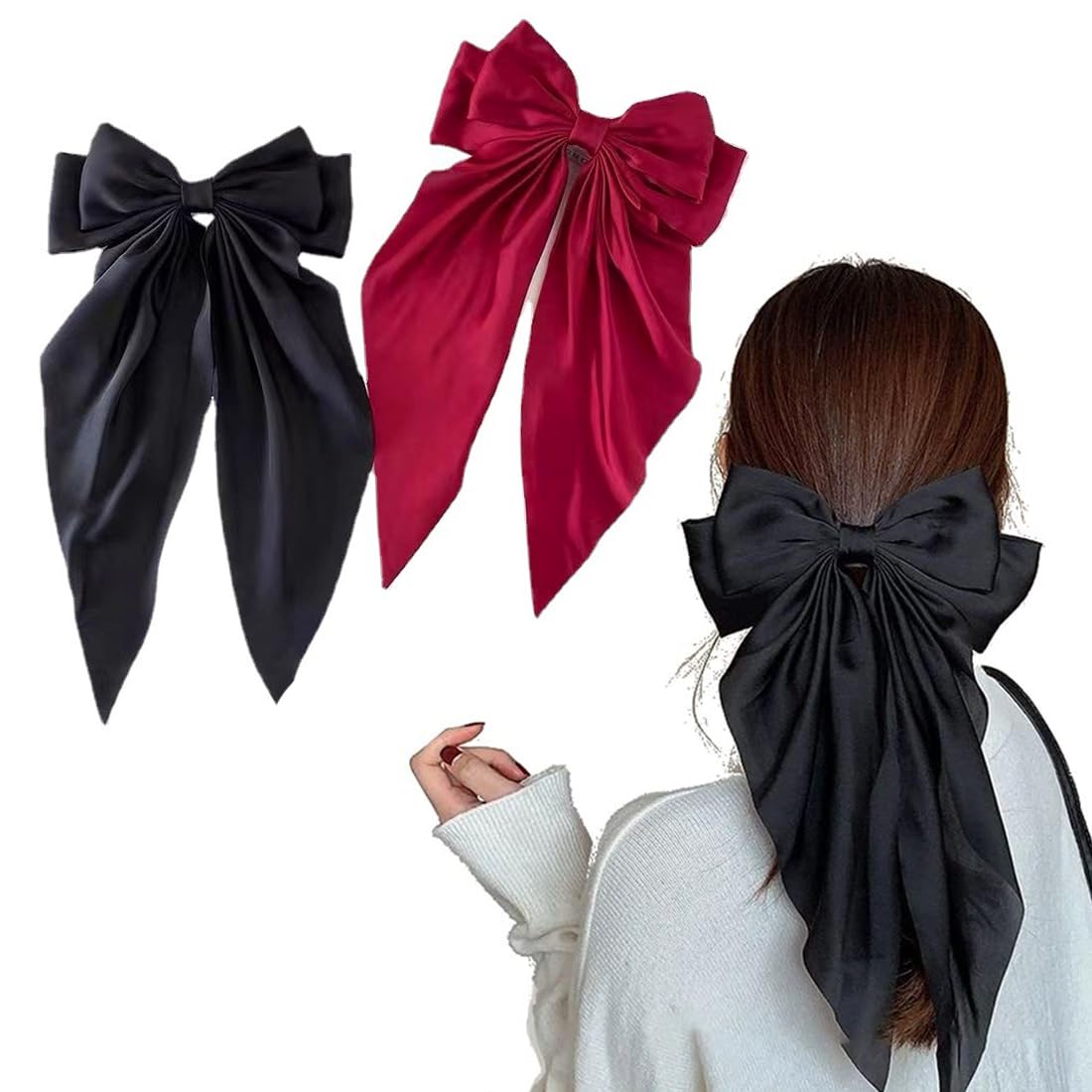 2 PCS Bow Hair Clips, Solid Color Bow French Hair Clip, Long Silky Satin Bows Hair Clips, Simple Long Tail French Ribbon Barrettes, Hair Fastener Accessories, 90's Accessories for Party Women Girl