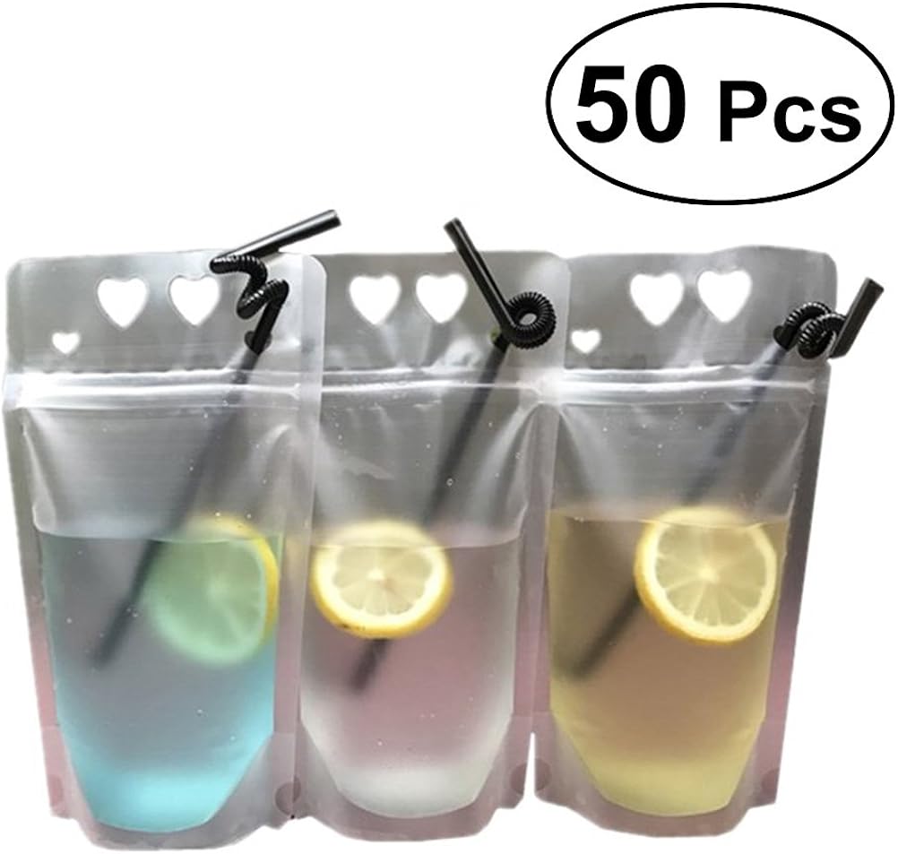 50PCS Love Pattern Clear Drink Pouches Bags Heavy Duty Hand