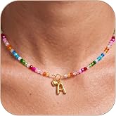 LOVEZORA Initial Necklace for Women Colorful Beaded Necklaces Initial Heart Bubble Letter Necklace Summer Necklace Jewelry Gift
