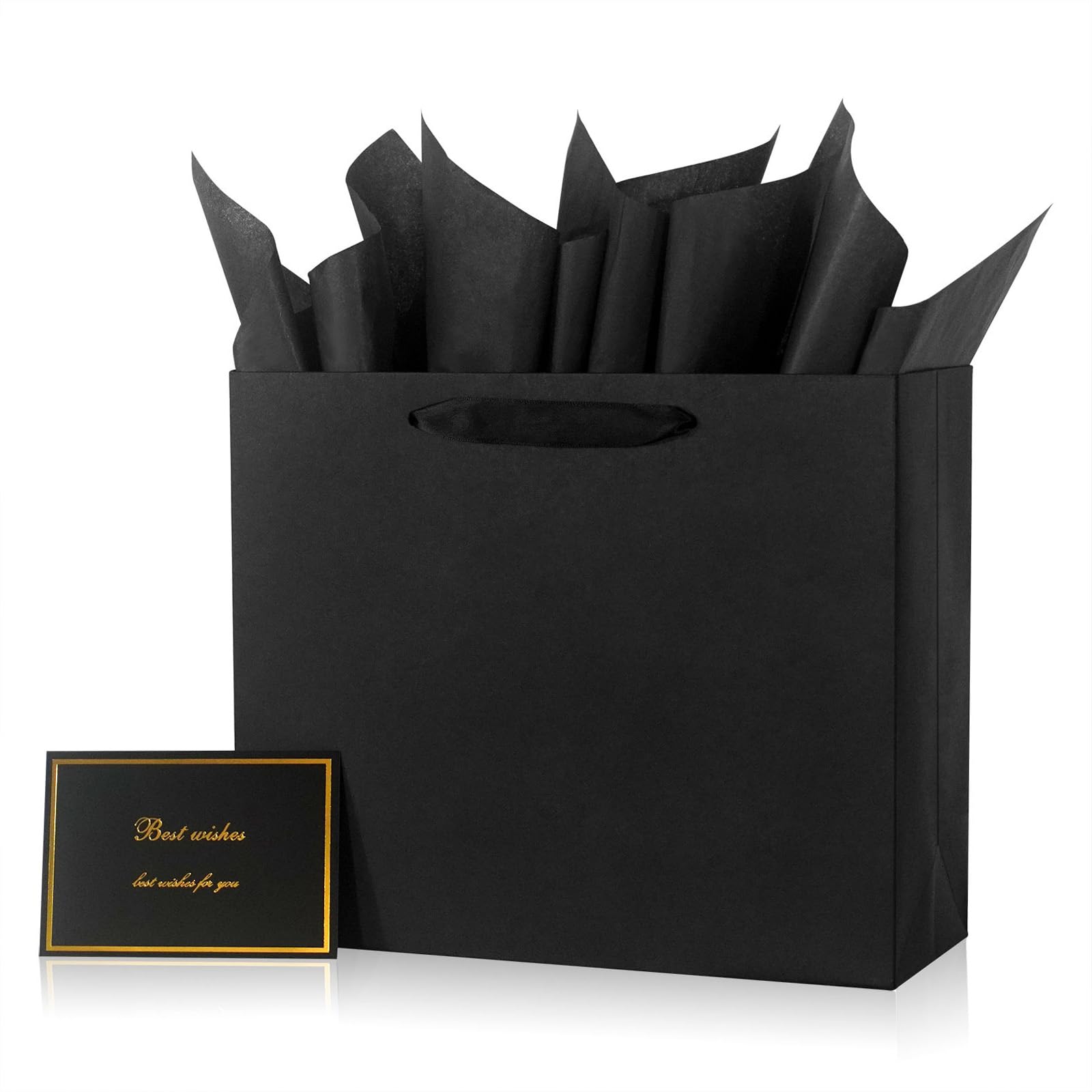 Photo 1 of Elegant Black Gift Bag 11.8"x4.5"x9.8" with Ribbon Handles, Includes Card and Tissue Papers, Perfect for Birthdays, Weddings, Parties, Holidays, Baby Shower